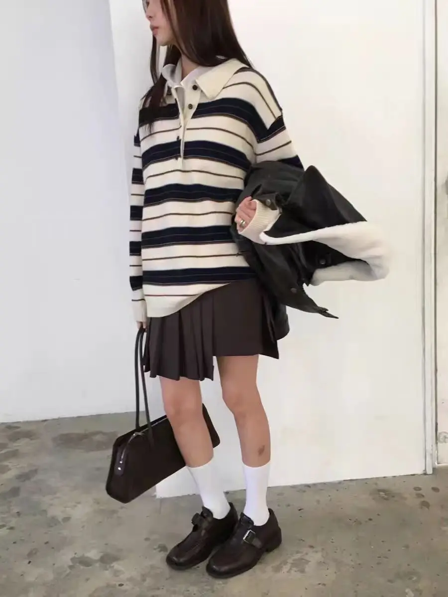 Retro Korean Style Striped Loose Fit Long Sleeve Knitwear Casual Comfortable Warm Collared Sweater for Women Spring Autumn Wi...