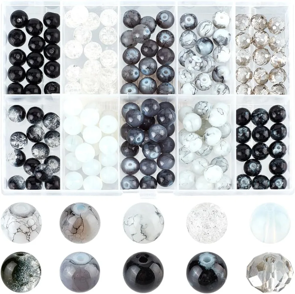 200Pcs 10 Styles 8mm Glass Beads Bulk Black and White Beads Small Round Transparent Crackle Faceted Space for Jewelry making kit