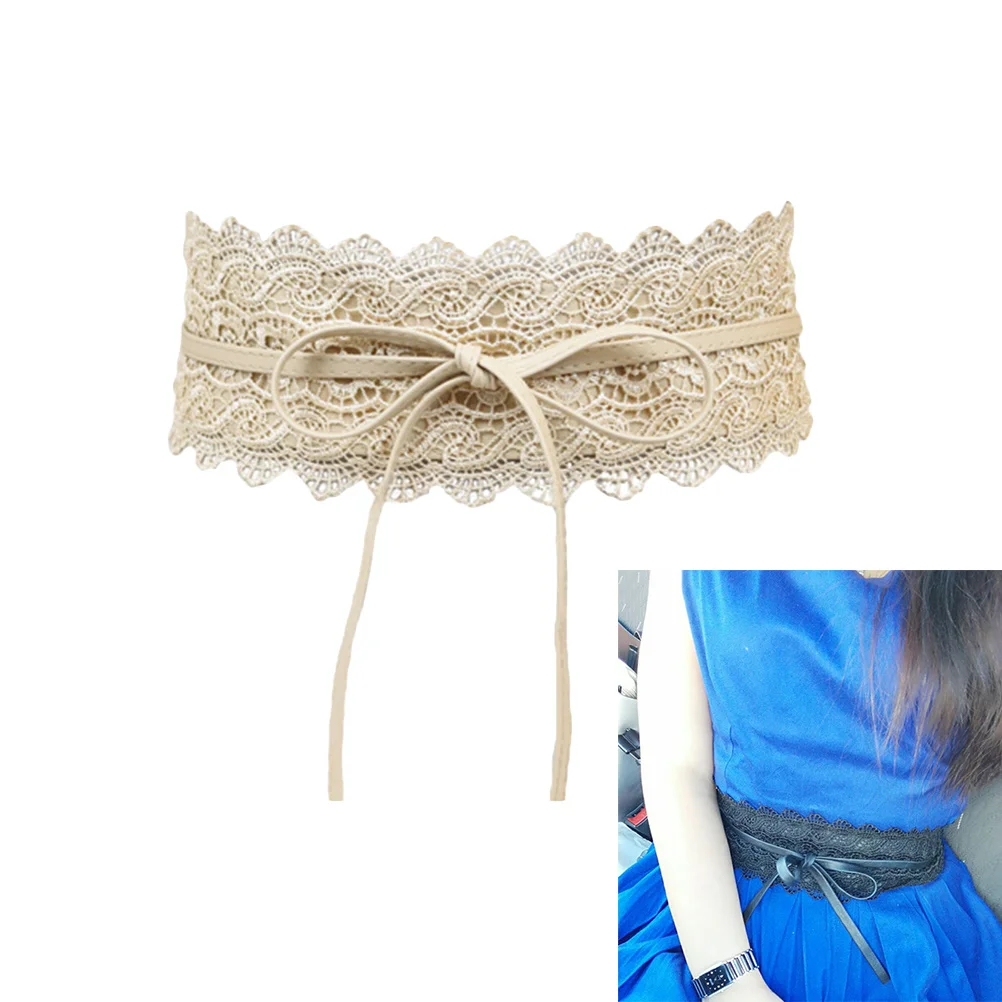 

Womens Lace Waist Belt Cream Adjustable Wide Band Bowknot Tie for Dress Slim Decoration Prom Party Night Date Accessory