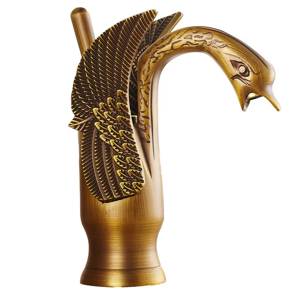 

Antique Brass Carved Animal Swan Shape Single Handle Bathroom Faucet Sink Basin Cold / Hot Mixer Tap anf177b