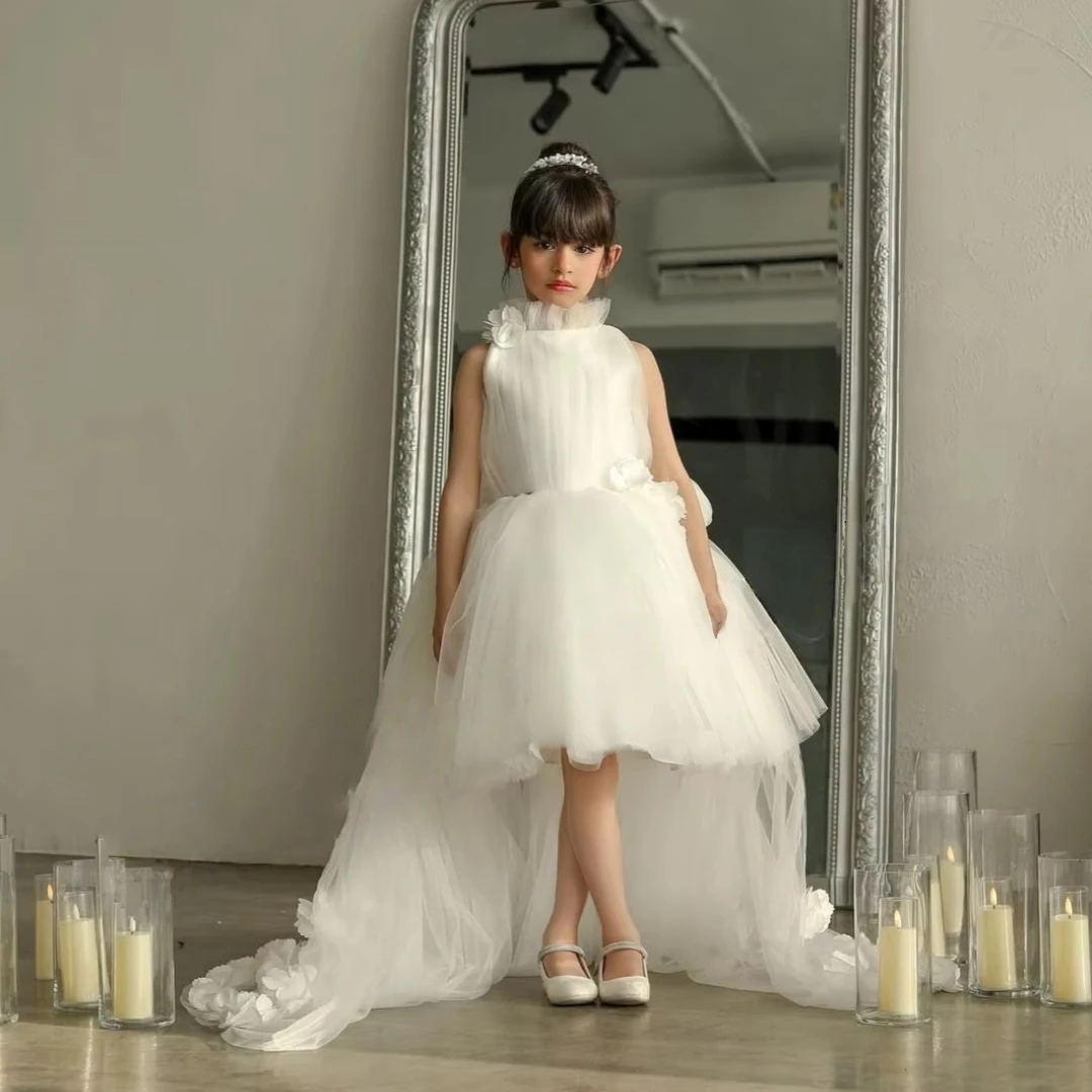 Luxury Custom Made 2026 New Elegant White High Low Tulle Flower Girl Dress With 3D Floral Train Wedding First Communion Baptism