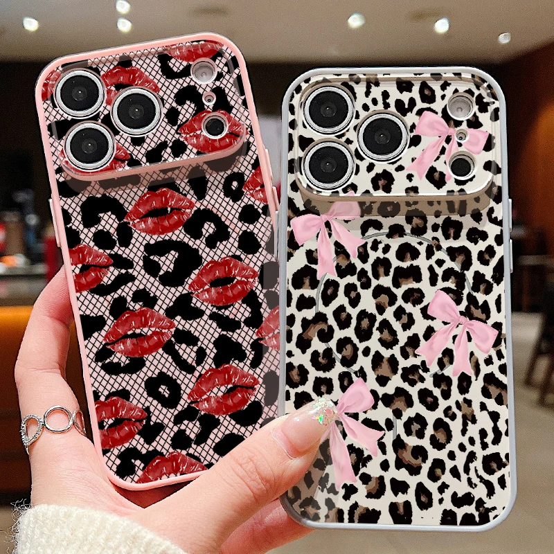 Magnetische Handyhülle mit Leopardenmuster für iPhone 17 ProMax 16 15 14 13 Pro Max, kompatibel mit Magsafe kabelloser Aufladung, harte Rückseite.