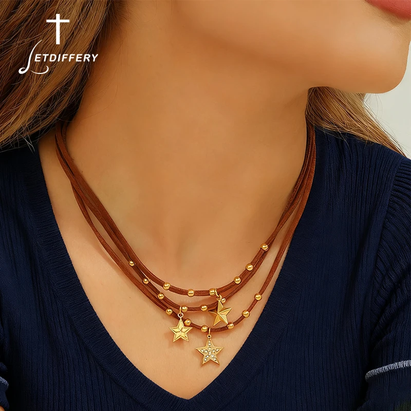 Letdiffery Pentagram Zircon Necklace Women's Vintage Leather Bead Chain Stainless steel Pendant Choker Fashion Jewelry for Women