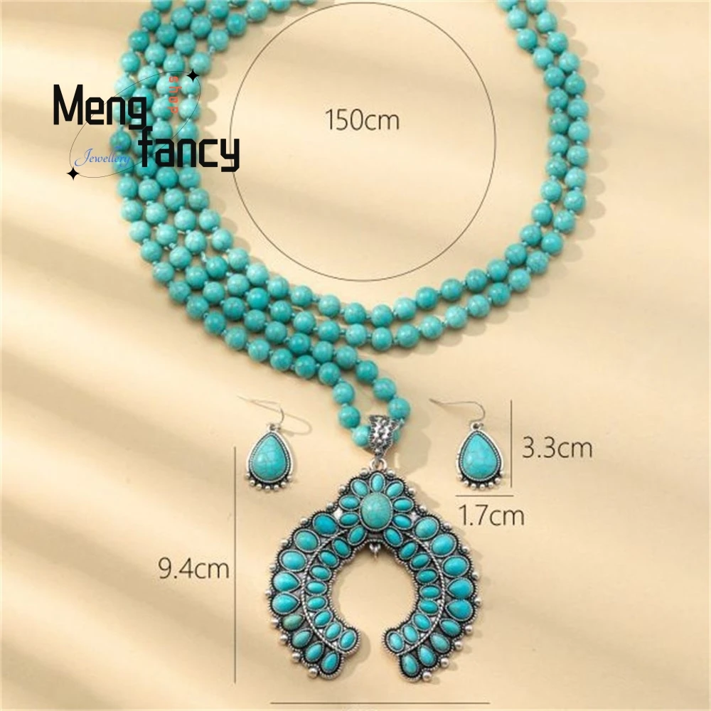 الرجعية ثلاث طبقات زهرة الأقراط، الأقراط الفيروز، النمط الغربي مبالغ فيه الفيروز سبحة صلاة قلادة، مجموعة مجوهرات