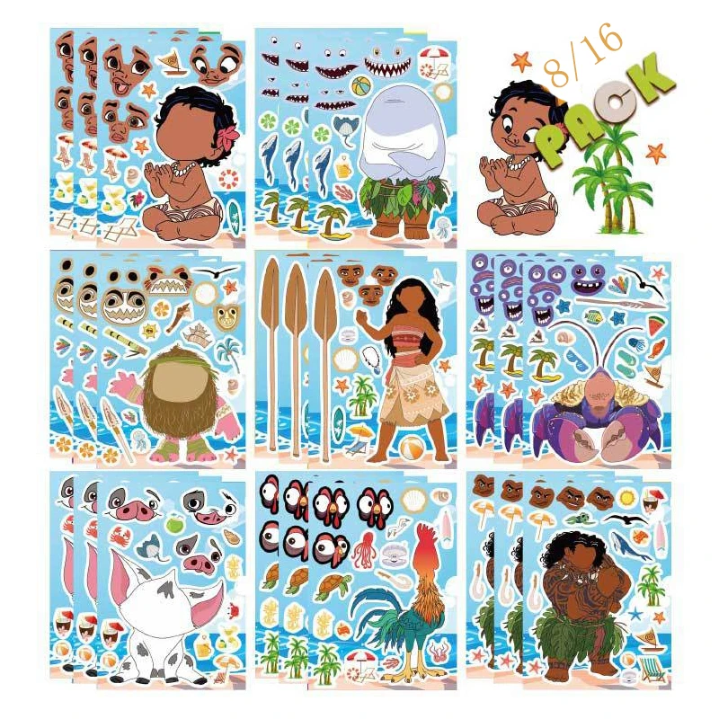 8/16sheets Make a Face Disney Moana Waialiki Stickers Kawaii Girls Puzzle Sticker Phone Stationery Skateboard Tamatoa Decal Toys