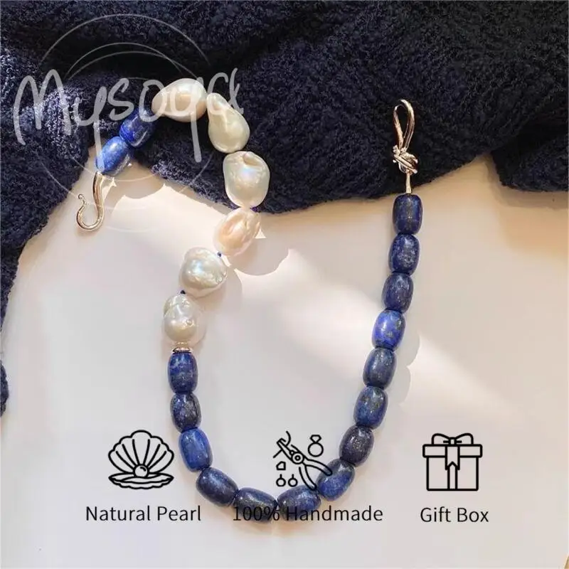 

MYSOYA 10-13mm Baroque Pearl Lapis Lazuli Necklace Multiple Sizes Gift Box Perfect Gift For Wedding Birthday Christmas New Year