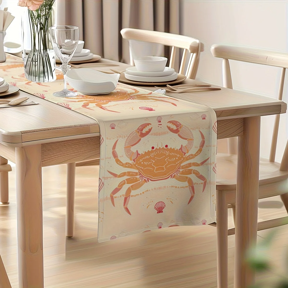1 Piece Woven Table Runner with Crab and Shell Design, Suitable for Farmhouse, Indoor, Kitchen, Celebrations, Table Decoration, Restaurant, and Banquet Decoration Supplies