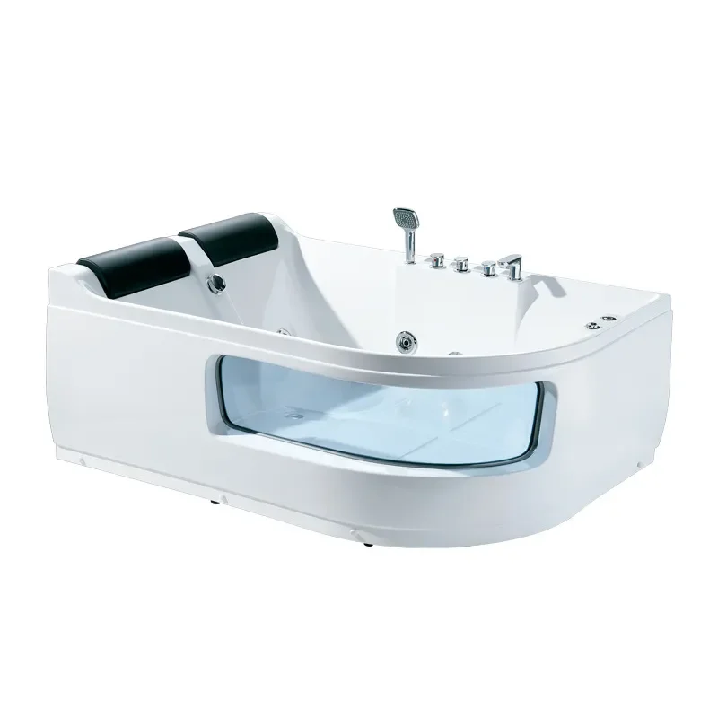 Large Double Curved Acrylic Bathtub with Glass Panel Thermostatic Surf Massage System for Home Hotel Bathroom Two Person