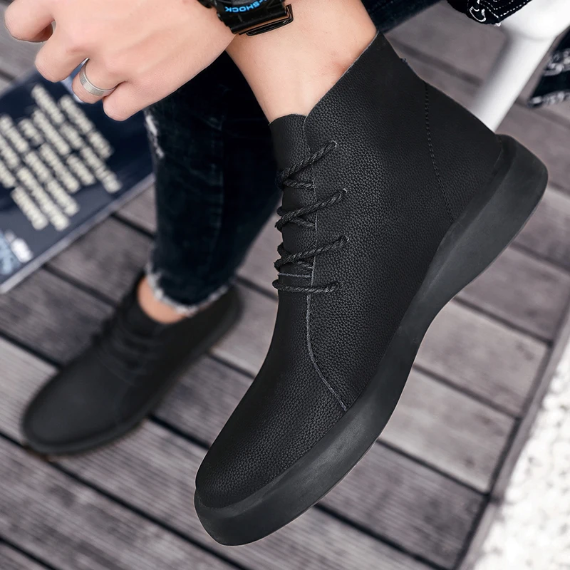 

Brand 2022 Autumn Winter Fashion Leather Boots Men Lace-Up Hight Cut Casual Shoes British Style Black Work Benquet Brush color