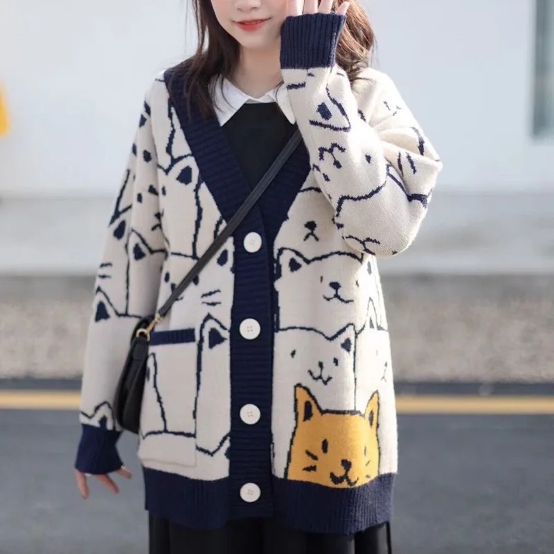 Preppy Style V-neck Knitting Cardigan Women Autumn Winter Sweet Jacquard Sweater Coat Simplicity All-match Cute Knitwear Tops