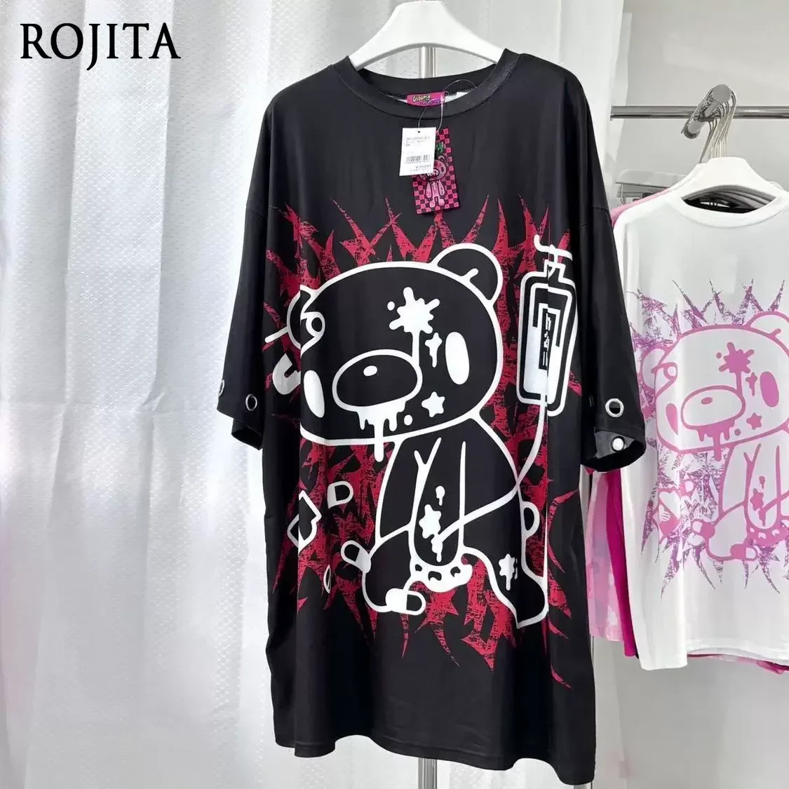 Harajuku Y2K Oversized Cartoon Bear T‑Shirt Black‑Pink Graphic T Shirts Loose Punk Streetwear Short Sleeve Tee
