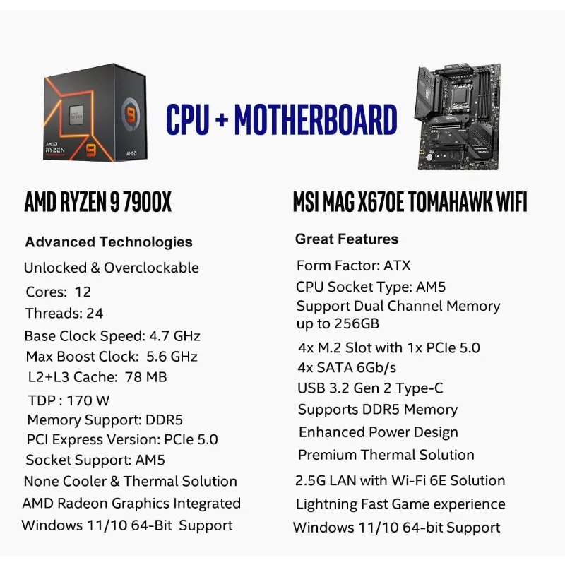 AMD Ryzen 9 7900X CPU Processor   (AM5, DDR5, PCIe 5.0, USB 3.2 Gen 2, Wi-Fi 6E, ATX), Sold by Micro Center