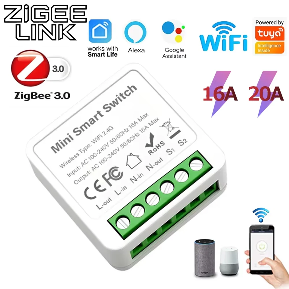Wifi/zigbee 3.0 16A/20A Mini Smart Switch DIY Breaker Relay Smart Home Automation 2-way Control Work for Tuya Alexa Google Home