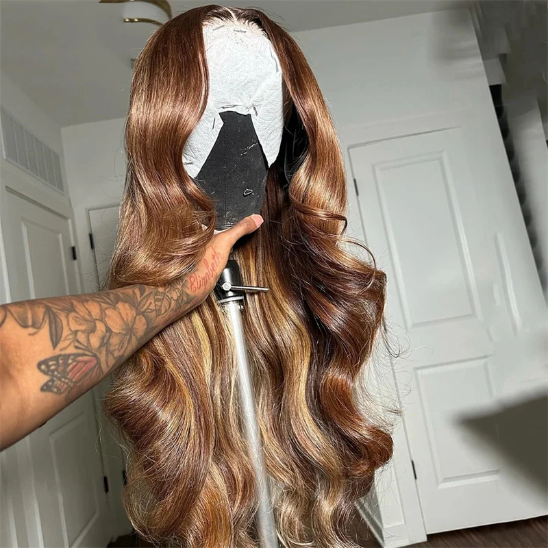 Ombre Blond Lang 28 ''Body Wave Lijmloos 5X5 Zijden Basis Joodse Mensenhaar Pruik Baby Haar Hd Kant Europees Haar Pretokkeld Dagelijks