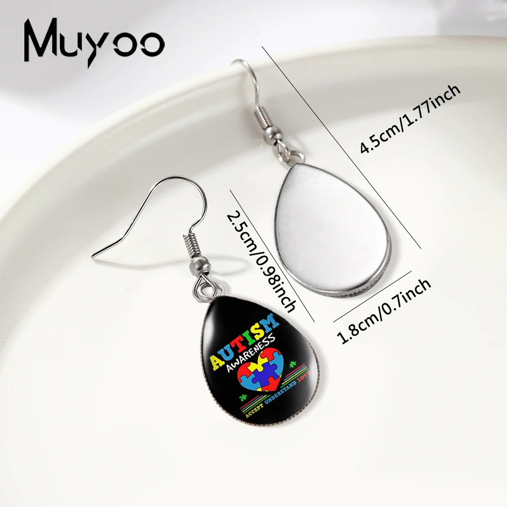 2025 New Autism Awareness Tear drop Earring Fish hook Earring Glass Dome Jewelry Handmade Earrings