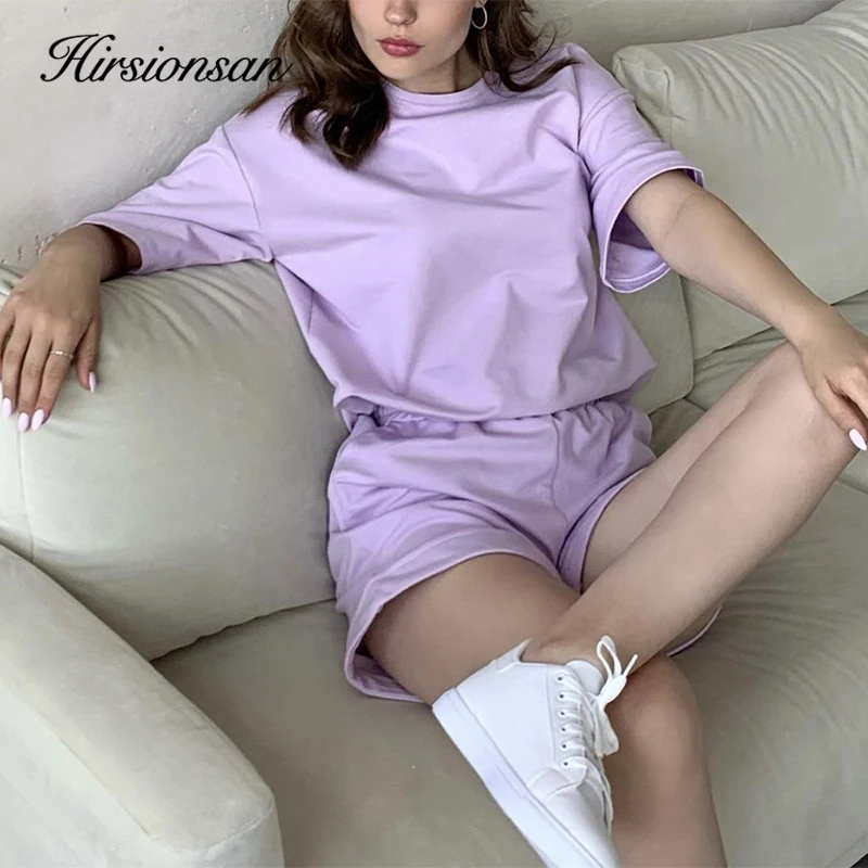 Hirsionsan Summer Soft Cotton Sets Women Basic Casual Two Pieces T Shirts and Elastic Waist Shorts Pants Loose Solid Tracksuit