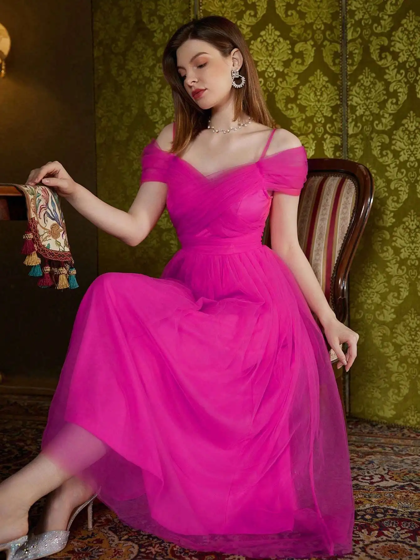 Moda nueva elegante mujer Primavera Verano vestido de malla con cuello en V señora ropa de boda A-Line Falda plisada chica regalo de fiesta Dr01