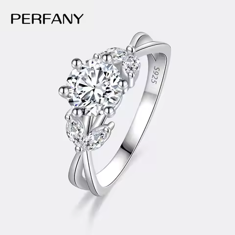 PERFANY 1CT Moissanite Ring for Women S925 Pure Silver Flower Design Laboratory Certification Diamond Wedding Elegant Jewelry