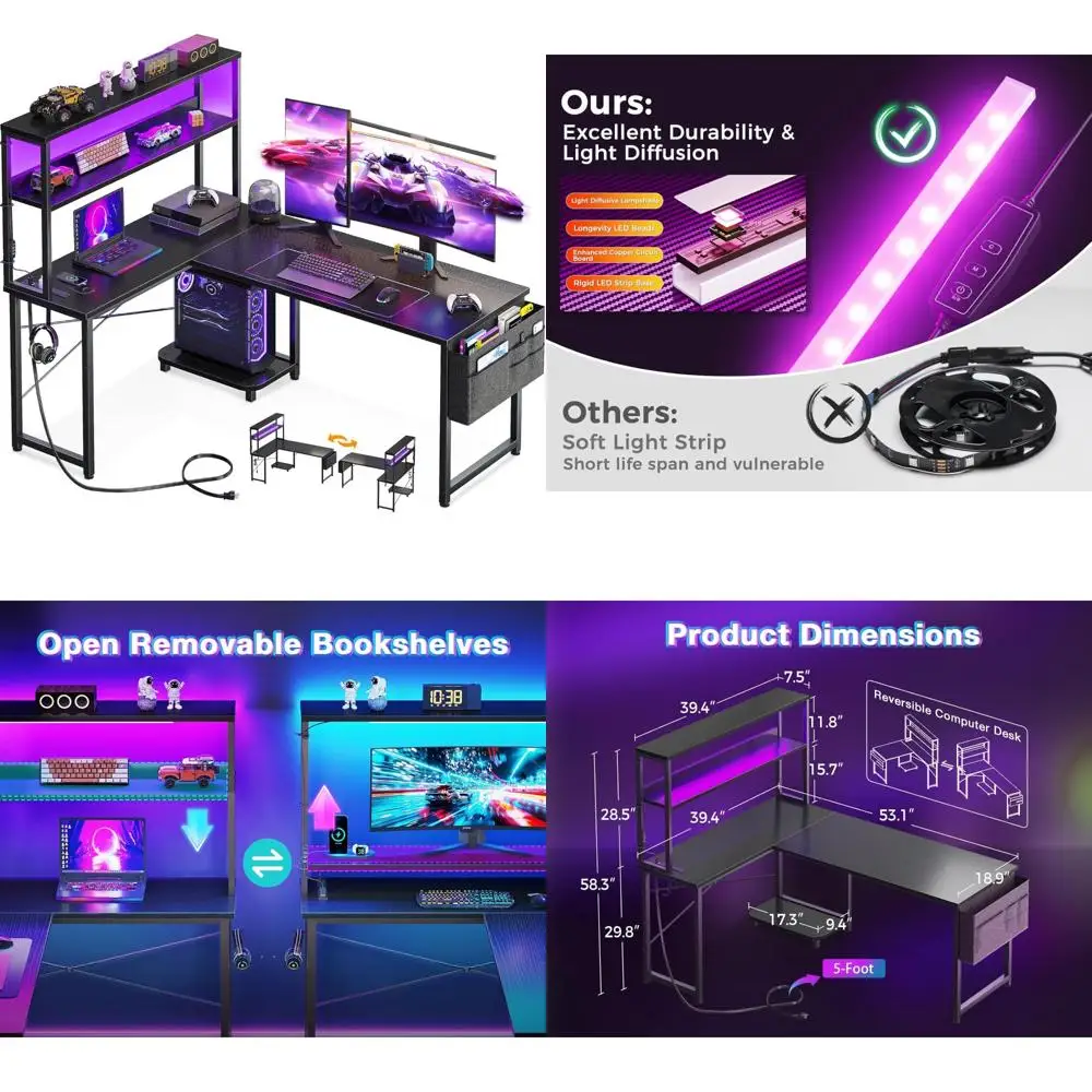 

LED-Illuminated 53 Corner Desk with Power Outlet, Storage, and Reversible L-Shape for Gaming & Office
