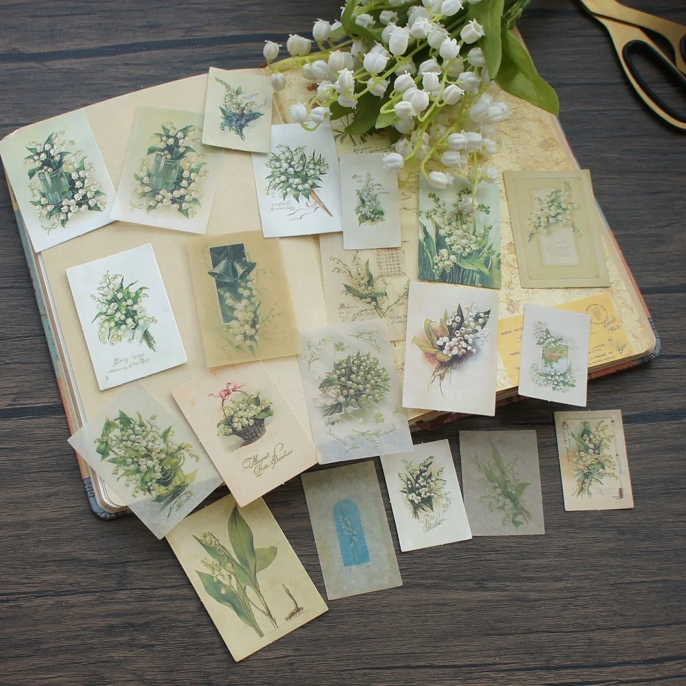 38pcs Watercolor Painting Green White Lily of The Valley Bouquet Style Paper Sticker Scrapbooking DIY Gift Decoration Tag