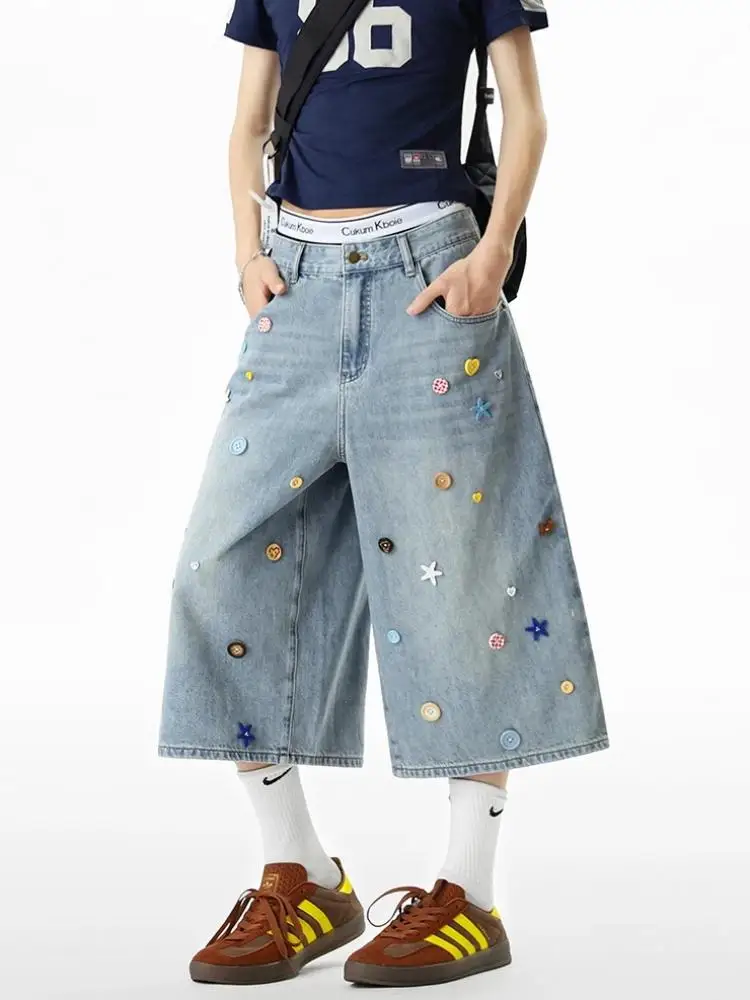 

Korean Fashion Women's Colorful Button Denim Capri Pants Summer New Bf Streetwear Washed Loose Casual Straight Wide Leg Jeans