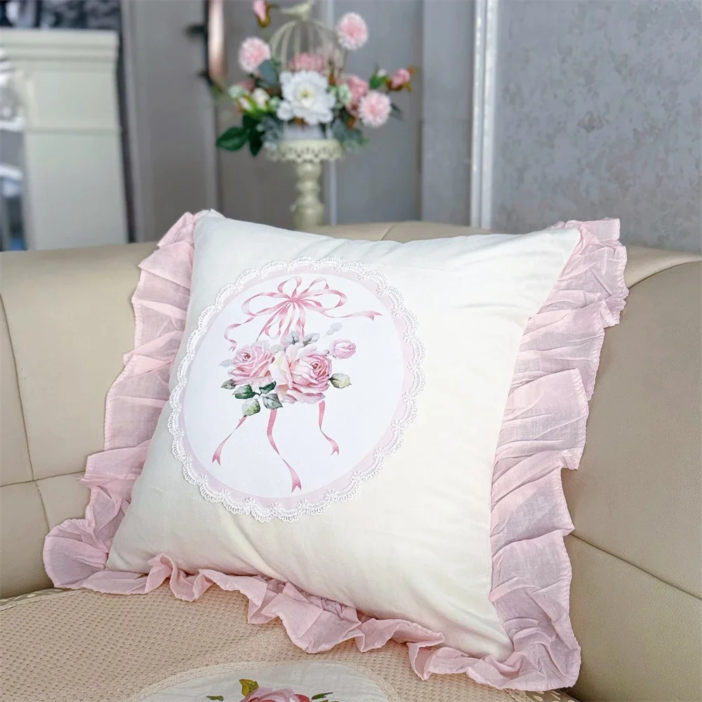 French Home Pillowcase Three-dimensional Embroidery Romantic Rose Pillow Cushion Nap Cushion Homestay Sofa Waist Pillow