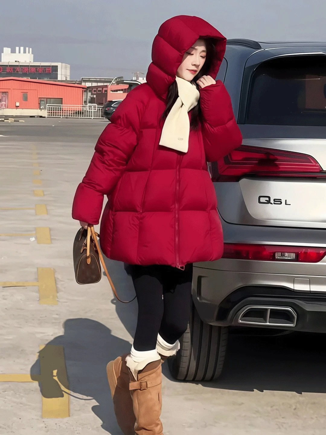

Red Winter Puffer Jacket Women's Loose Fit Bread Style Warm Cotton Coat Hooded Mid-Length Outerwear Commute Korean Style