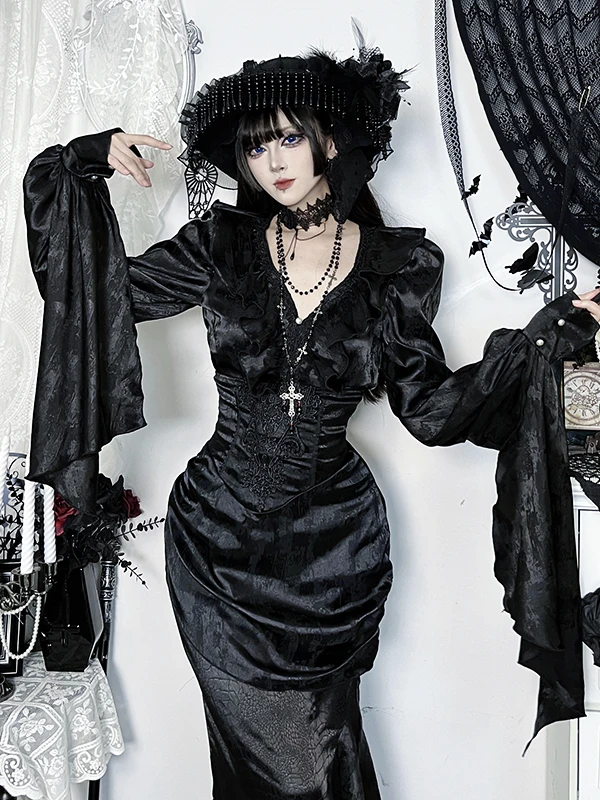 고딕 스타일 롱 스커트 여성용 브이넥 드레스 할로윈 코스프레 라이트 서브컬쳐 드레스 불규칙한 밑단 박쥐 소매 폴리에스터...