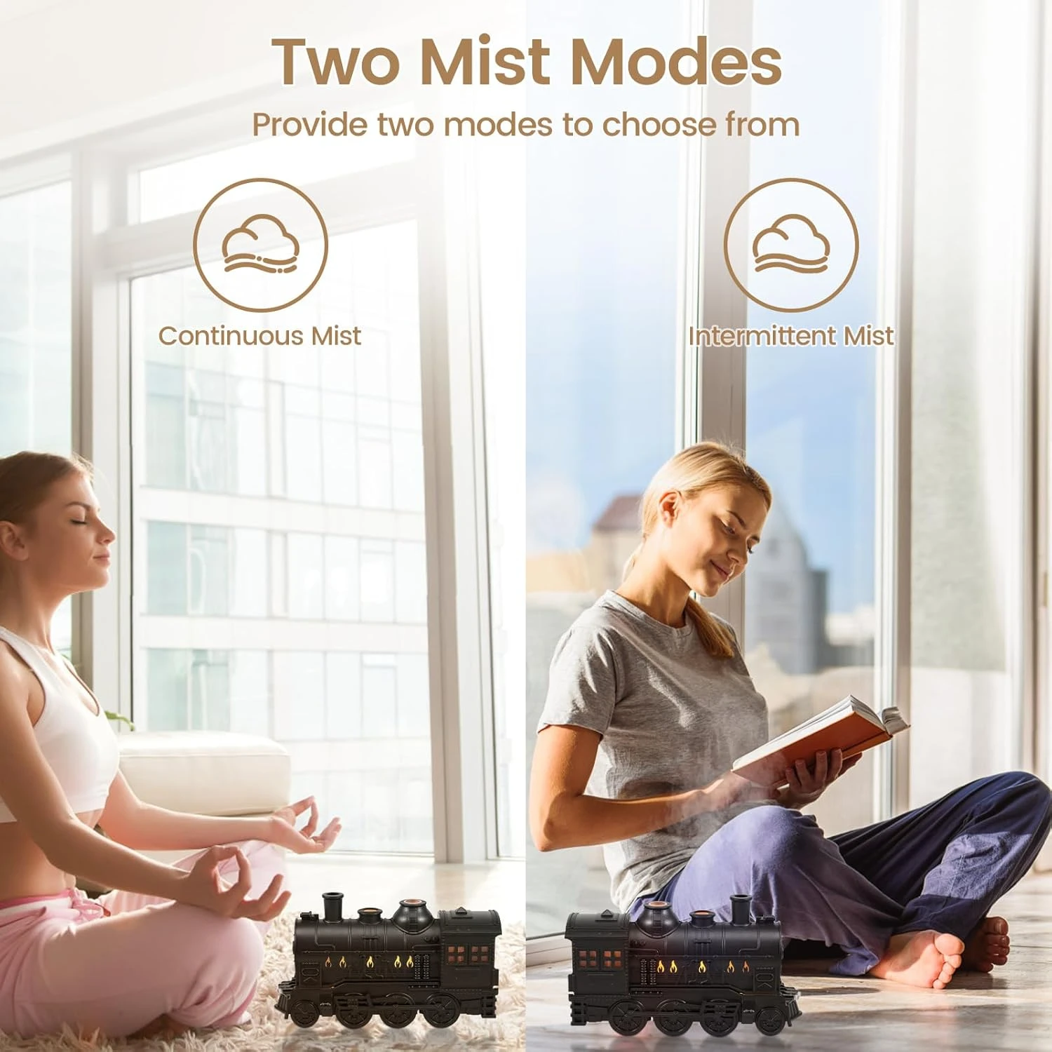寝室用エッセンシャルオイルディフューザー,レトロトレイン加湿器,オフィス加湿器,リビングルーム,2スプレー,常夜灯モード,300ml