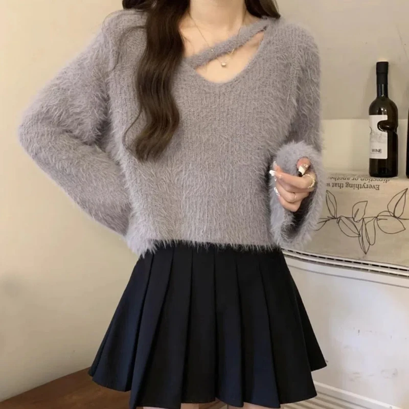 Soft Imitation Mink Fur Sweater Women\'s Knitted Sweater for Autumn Winter 2024 New Design Sense Loose and Short Style Pullovers