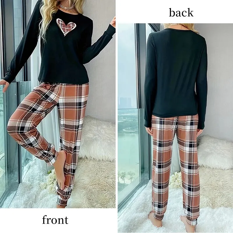 New Leisure Home Women\'s Printed Pajama Set Women\'s Long Round Neck Top and Printed Checkered Pants Home Pajama Set