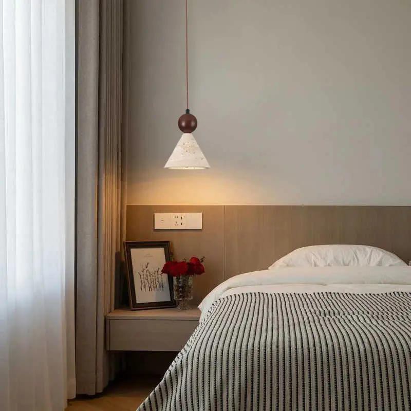 Japandi Minimalist Pendant Light Natural Travertine Limestone E27 Wood Accent Warm Light for Home Office Study view 2