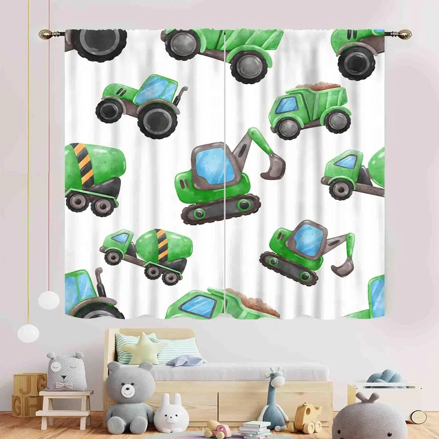 Construction Boys Curtains,Kids Teens Girls Cartoon Vehicle Truck Tractor Excavator Cars Blue Blackout Window Treatments Drapery