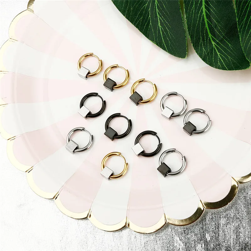 Fashion Square Bead Circle Earrings Stainless Steel Punk Hiphop Geometric Stud Ear Jewelry Party Gifts For Women Men
