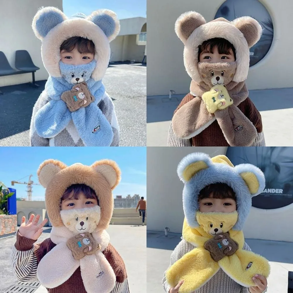 

Solid Color Bear Plush Hat With Mask&Scarf Fashion Design Children Fleece Hat Muffler Cartoon Plush Hat with Scarf Kid