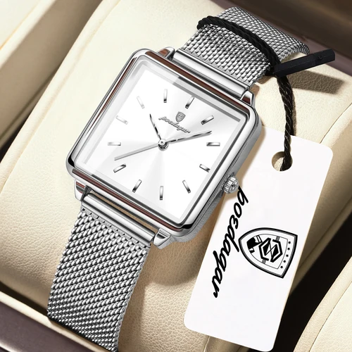 Imagen 2 del producto Reloj de Pulsera para Mujer POEDAGAR Original, Elegante, Cuadrado, de Cuarzo, con Correa de Malla de Acero Inoxidable, Resistente al Agua