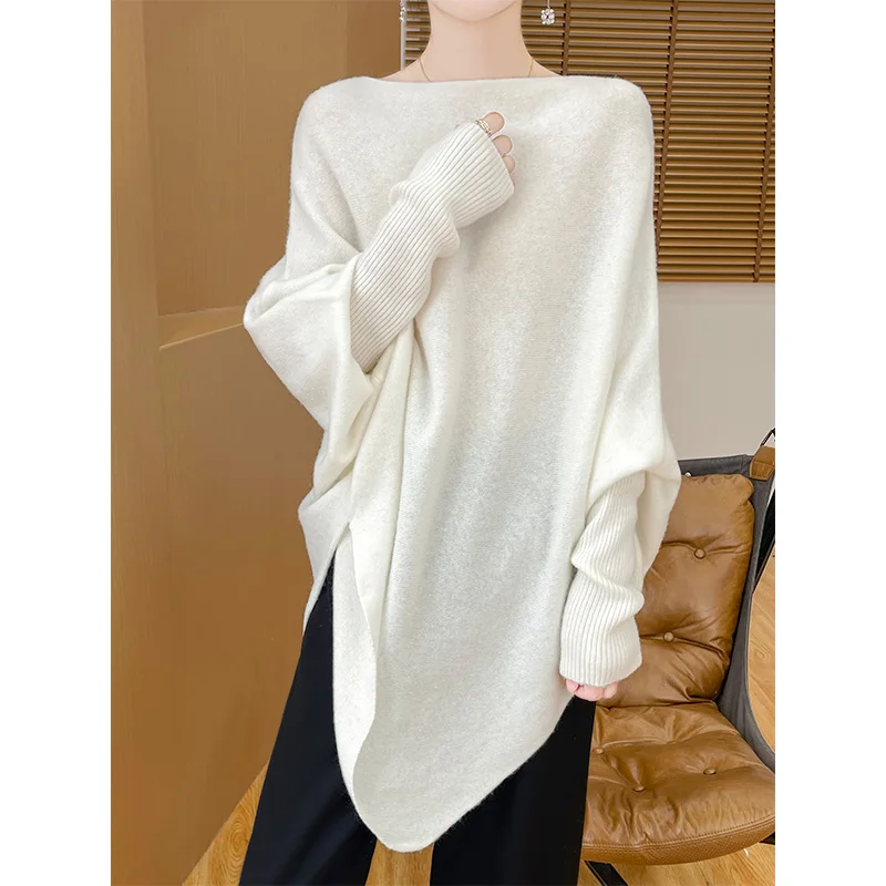 French Fashion Wool Sweater For Women Long Sleeved Solid Color Pullover One Neck Loose Knit Shawl