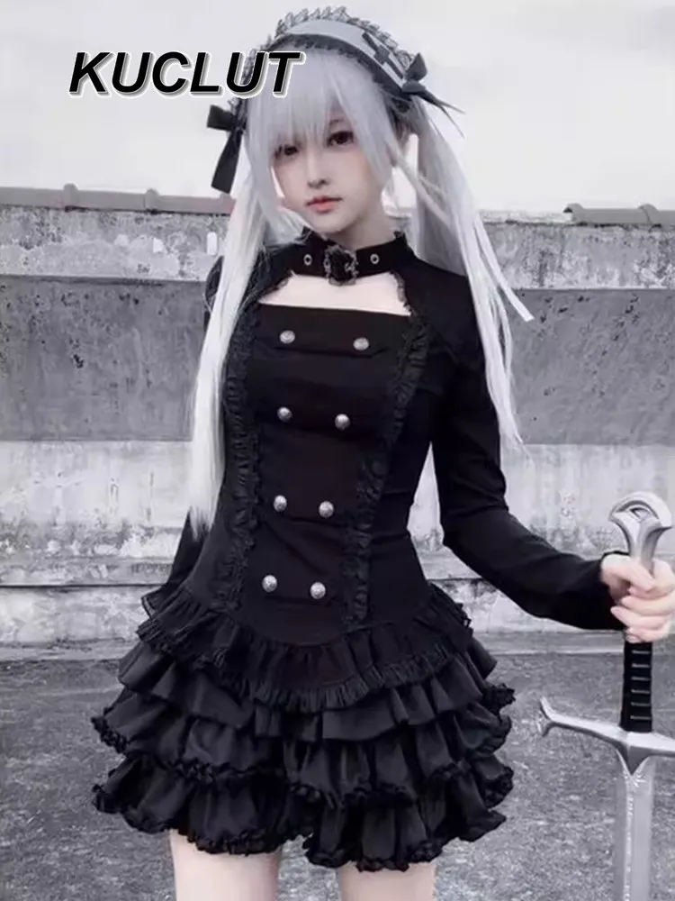 

Japanese Style Women's Two-Piece Sets Subculture Gothic Black Long Sleeve Top + Cake Short Skirt Set Sweet Cool Casual Outfit