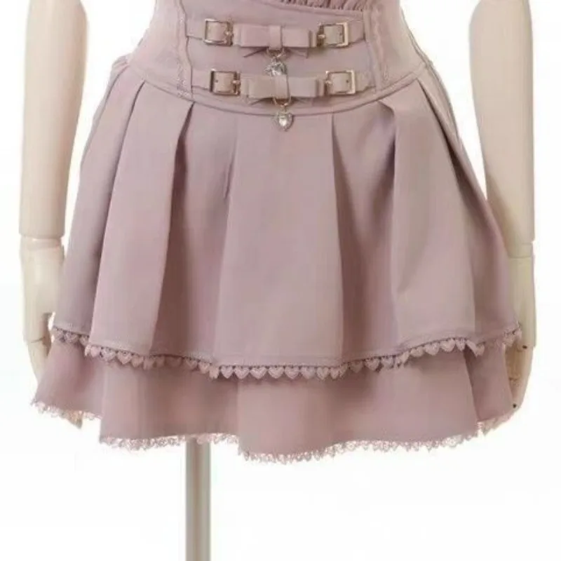 Japanese Style Double Butterfly Knot Pleated Skirt Women Korean Fashion High Waisted Leather Buckle Shrinks Waist Y2k Skirts