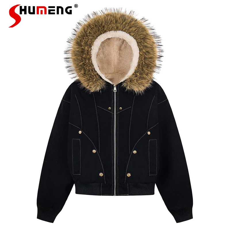 

Men Women 2025 Winter New Fashion Retro Pocket Decoration Jackets High Street Rivet Splicing Parkas Thickened Chic Hooded Parkas