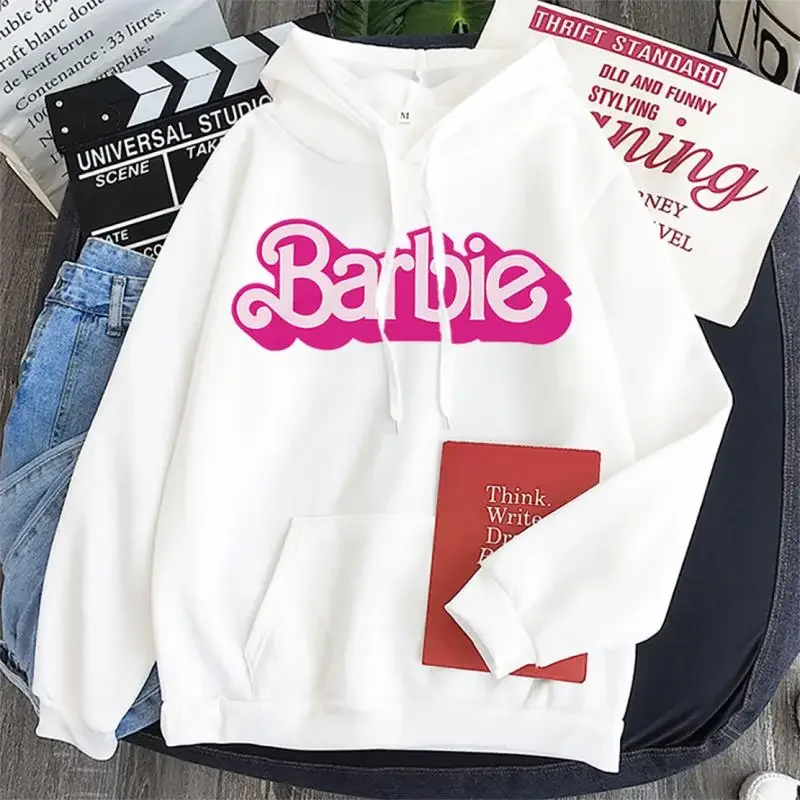 Sweat à capuche rose pour femmes, imprimé de dessin animé Barbie, vêtements de sport à manches longues, vêtements pour filles, sweat-shirt ample décontracté, printemps automne