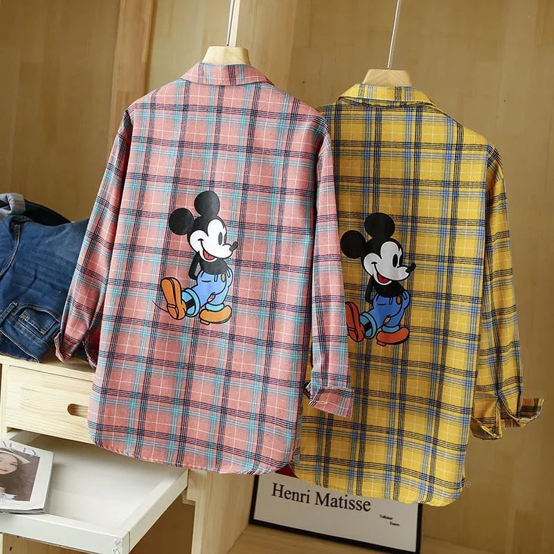 Disney tureMouse-Chemise à Carreaux pour Femme, Chemisier à Manches sulf, Version Coréenne, Tendance Simple, Chemise Polyvalente, Printemps et Automne, Nouveau