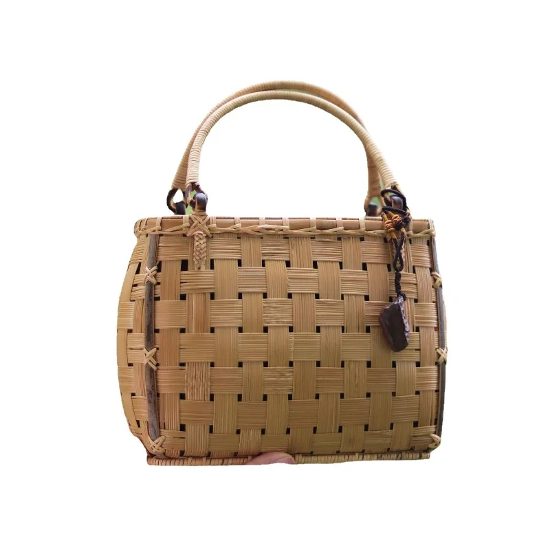 

Handmade bamboo woven bag fine woven cotton and linen cloth tea set storage bag women's hand bag bamboo products handicrafts