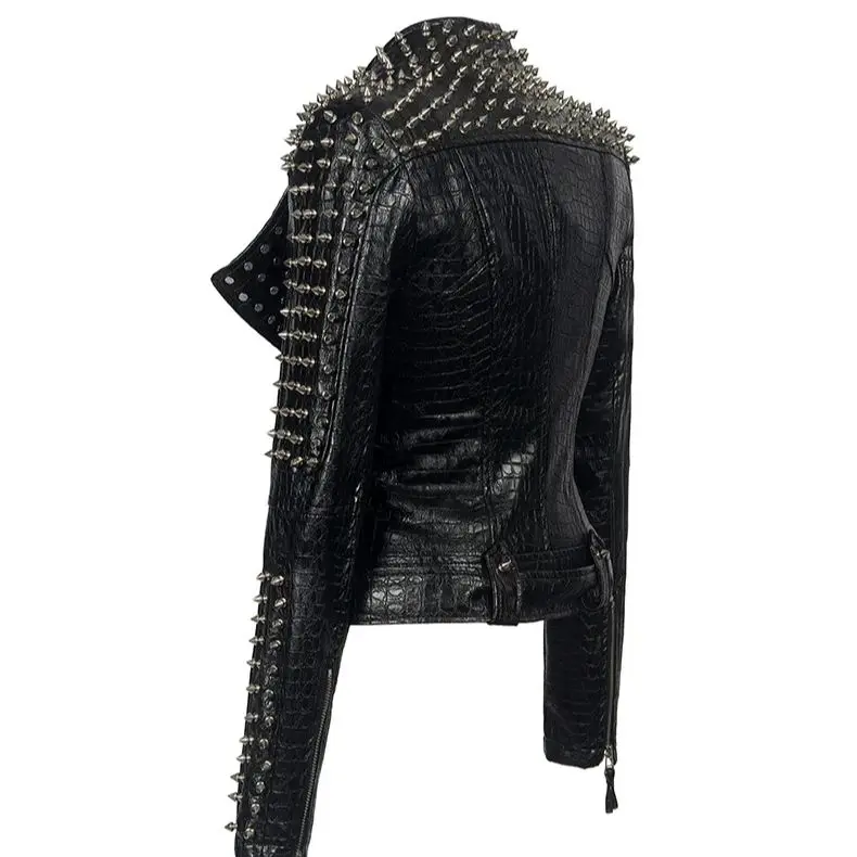 2024 Rivet spliced short biker leather women's long sleeve punk rock coat body chain