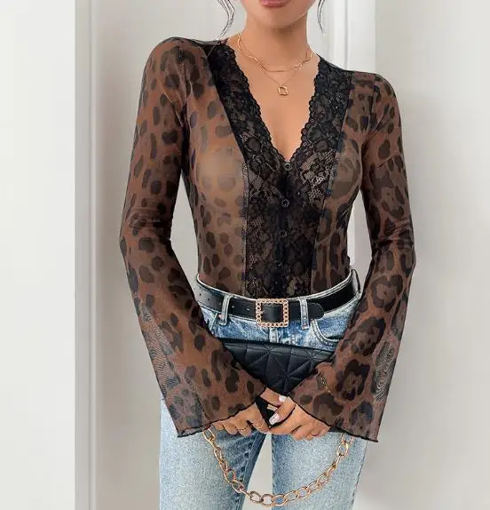 

Spicy Leopard Print Jumpsuit for Women Sexy Mesh Stitching Flared Sleeves One Piece Suit for Special Occasions