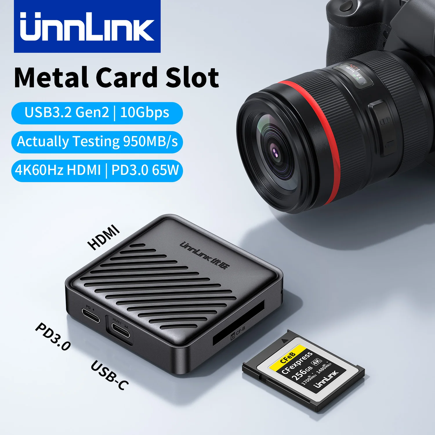 

Unnlink CFexpress Type B Card Reader Writer, USB 3.2 to CFe+4K 60Hz HDMI+PD3.0 65W Magnetic Hub for Nikon Z9/8/7/6, Canon R3/5/6