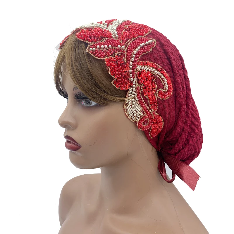 Lady Party Head Wraps Muslim Wrap Head Hat Turbante Mujer 2023 New Leaf Beading Turban Cap for Women Fashion Hair Cover Beanies