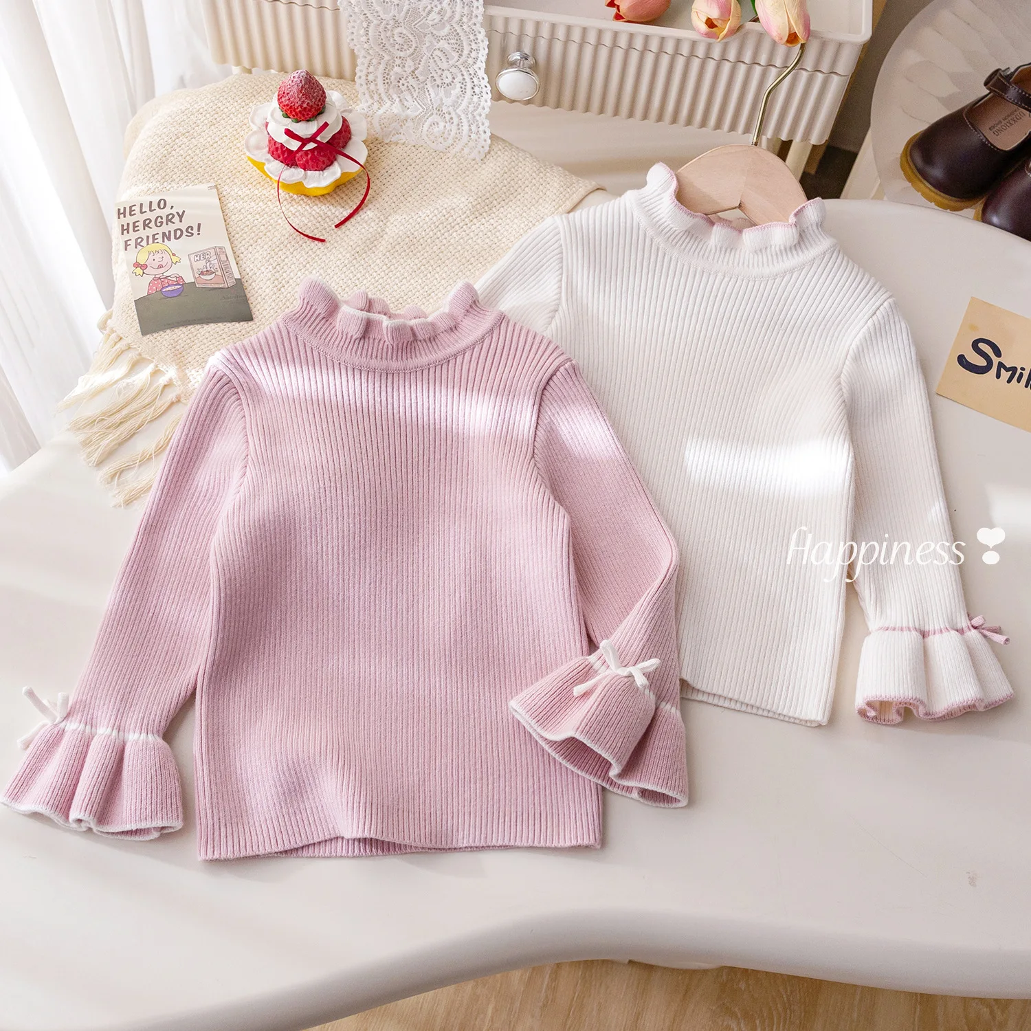 

Kids Girl Sweater New Solid Bell Sleeve Ruffle Collar Toddler Girls Pullovers Korean Thicken Warm Children Girl Winter Knitwear