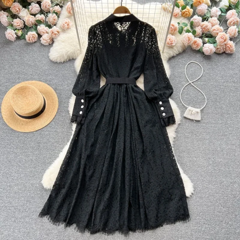 OCEANLOVE Lace Hollow Out Women Dresses Solid Black Elegant Spring Autumn Long Dress Korean Fashion Vintage Party Robe Femme