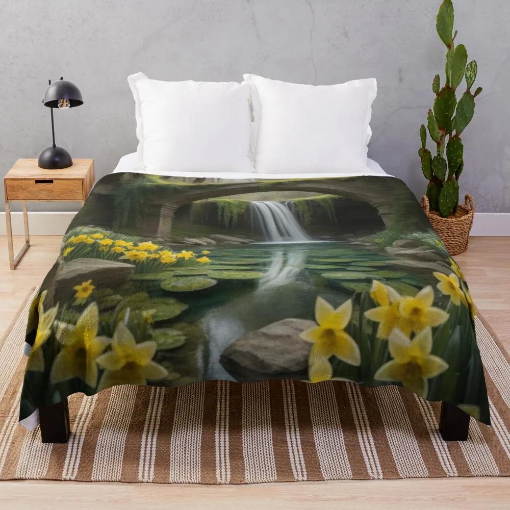 Enchanting Ancient Forest Daffodils Mossy Bridge Lily Pads Throw Blanket Luxury Throw Luxury Thicken warm for winter Blankets